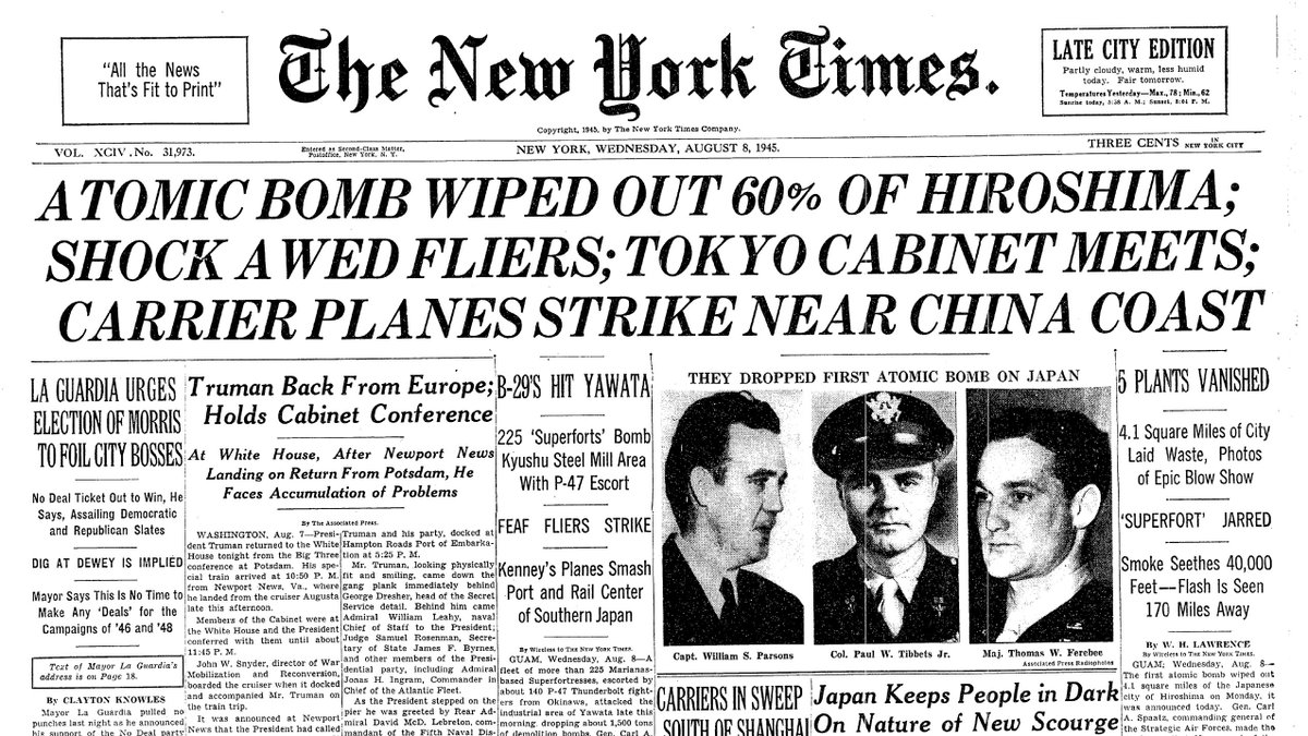 Aug. 8, 1945: Atomic Bomb Wiped Out 60% of Hiroshima; Shock Awed Fliers; Tokyo Cabinet Meets; Carrier Planes Strike Near China Coast  https://nyti.ms/3inggrC 