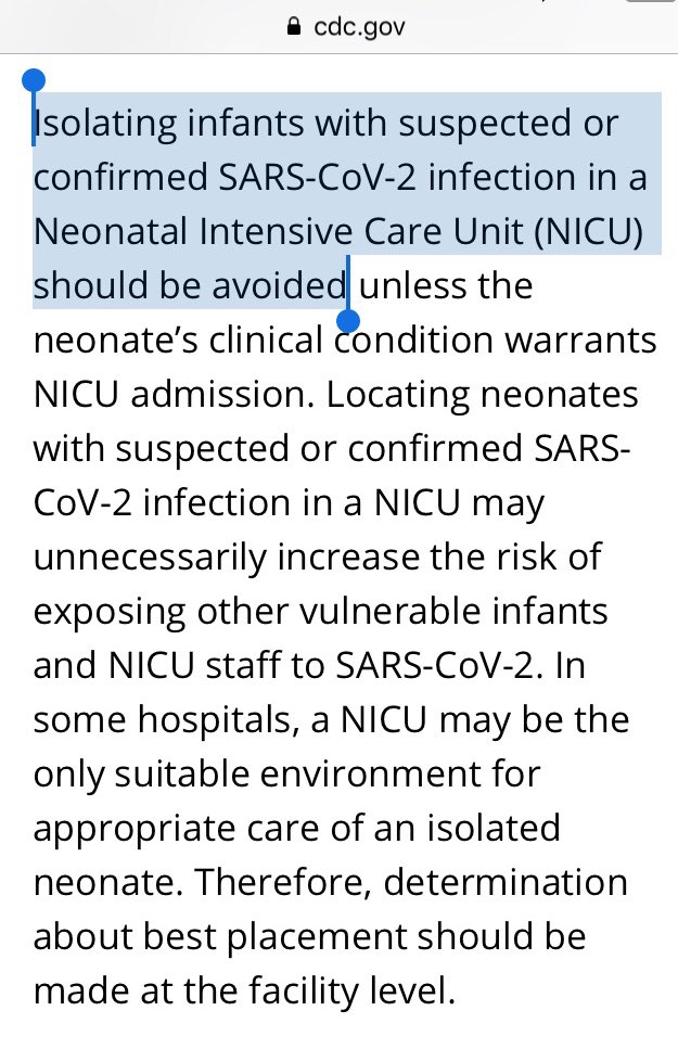 “Isolating infants with suspected or confirmed SARS-CoV-2 infection in a Neonatal Intensive Care Unit (NICU) should be avoided”So there is no “social isolation/distancing” required for infants suspected/confirmed of having SARS-CoV-2Why? Won’t they contaminate others?