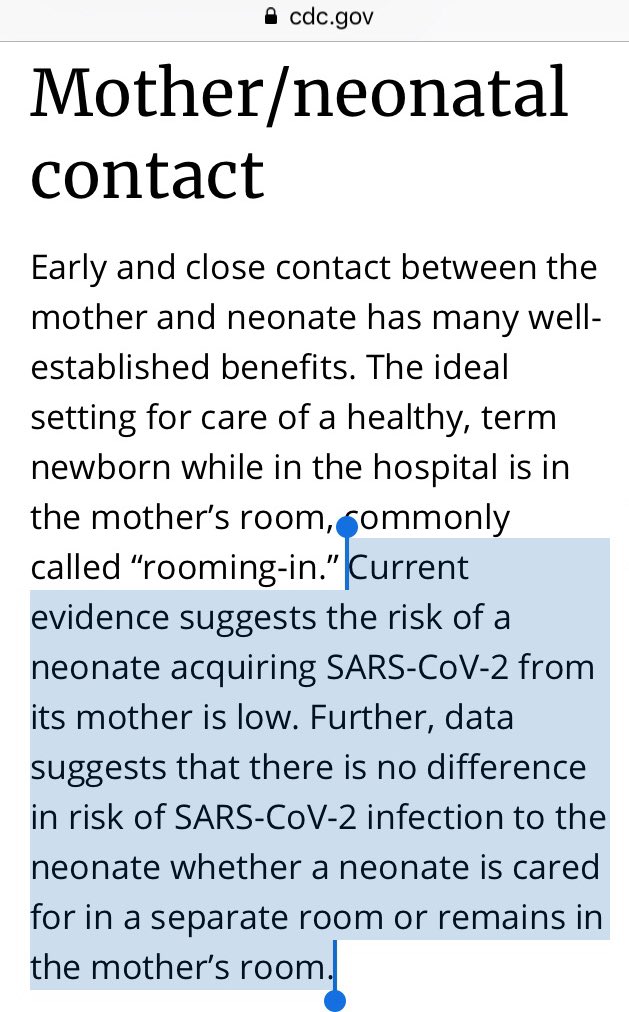 “There is, however, a potential risk of SARS-CoV-2 transmission to the neonate via contact with infectious respiratory secretions from the mother”Wait. Doesn’t this contradict the “vertical transmission” statement above: “which appears to be rare”.In the womb no. Outside yes.