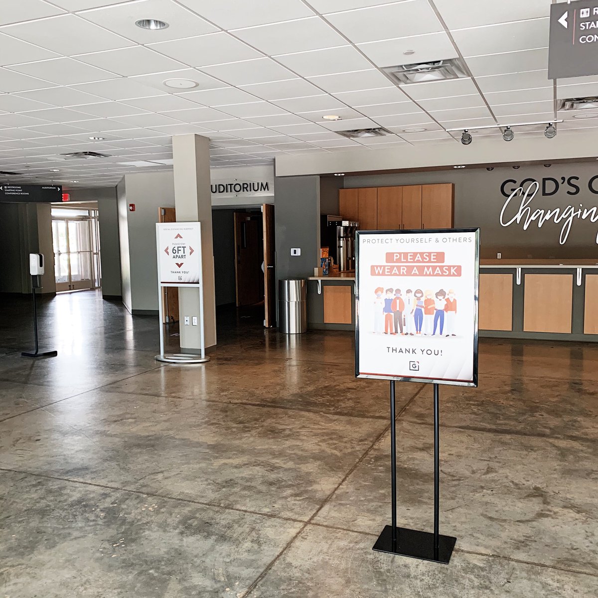gracebible757's tweet photo. We’ve got hand sanitizer, signs, walking paths, and significant spacing in the auditorium to maintain social distancing! We can’t wait to see you tomorrow at our Lynnhaven Campus or online! #FORthe757 https://t.co/dJC2UH53qX