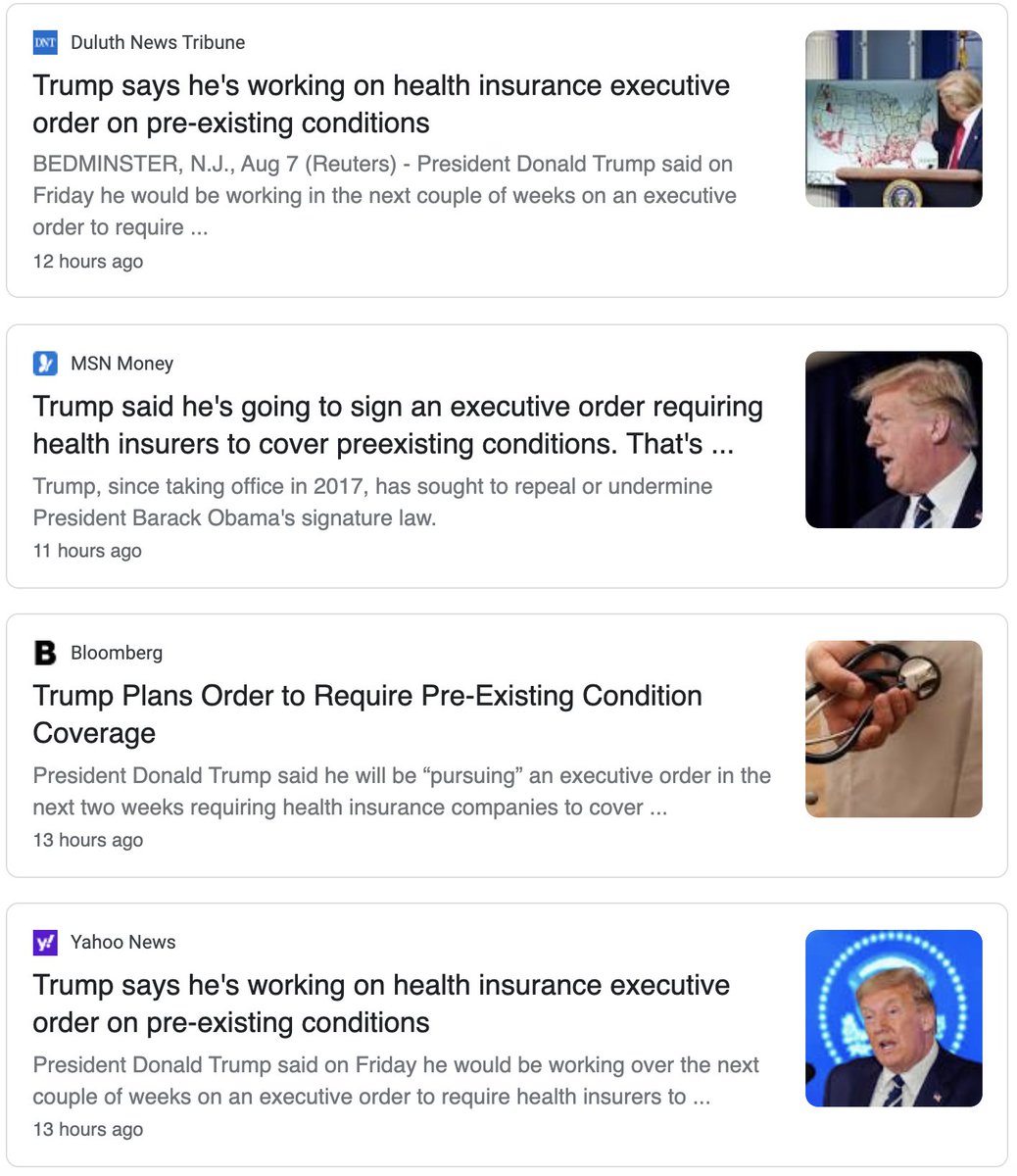 Trump announced nothing on pre-existing conditions. If he announced birds are required to fly, would you run "Trump Requires Birds To Fly"?All he wants is the headline "Trump Requires Pre-Existing Coverage" and you've given it to him. The media refuses to learn how to cover him