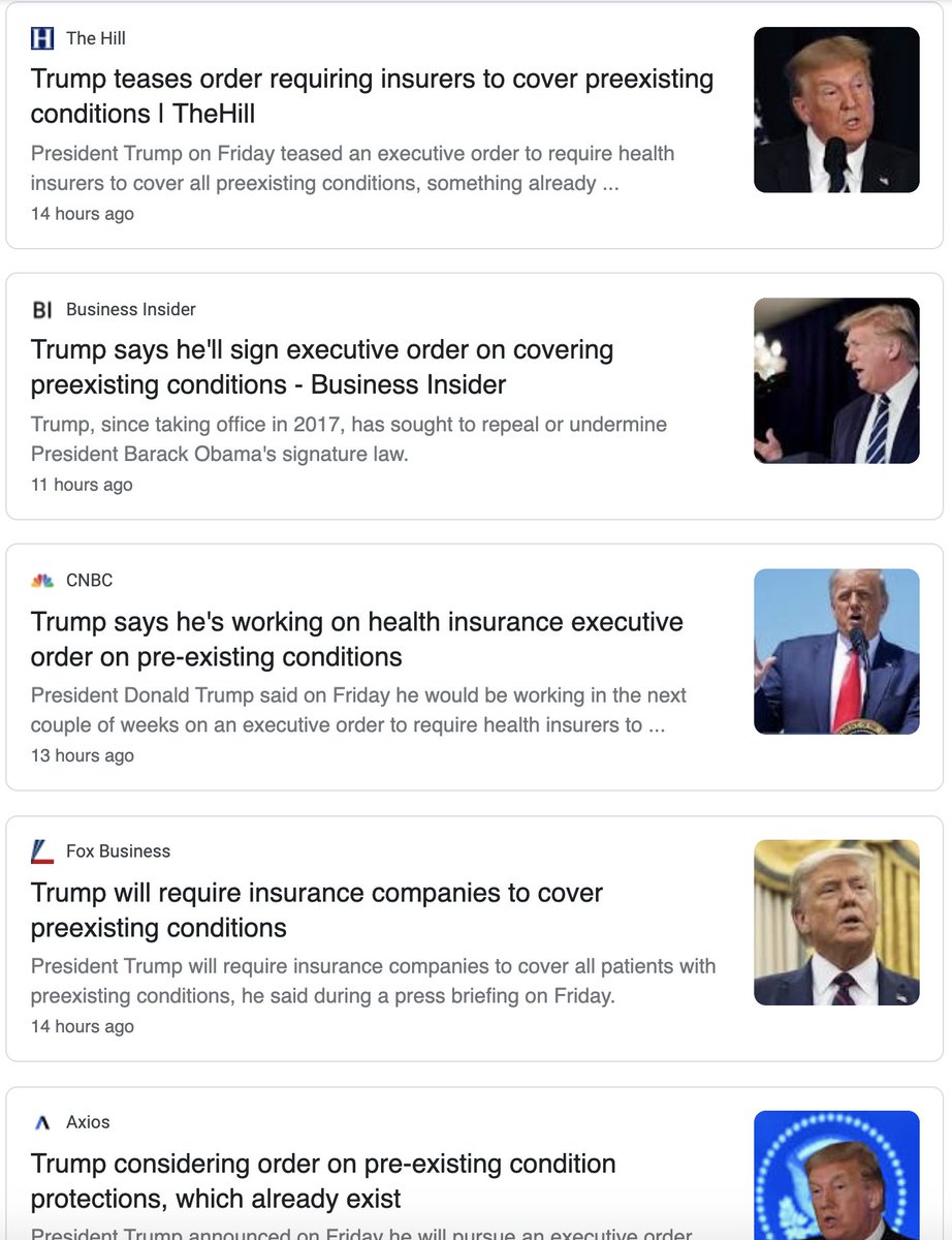 Trump announced nothing on pre-existing conditions. If he announced birds are required to fly, would you run "Trump Requires Birds To Fly"?All he wants is the headline "Trump Requires Pre-Existing Coverage" and you've given it to him. The media refuses to learn how to cover him