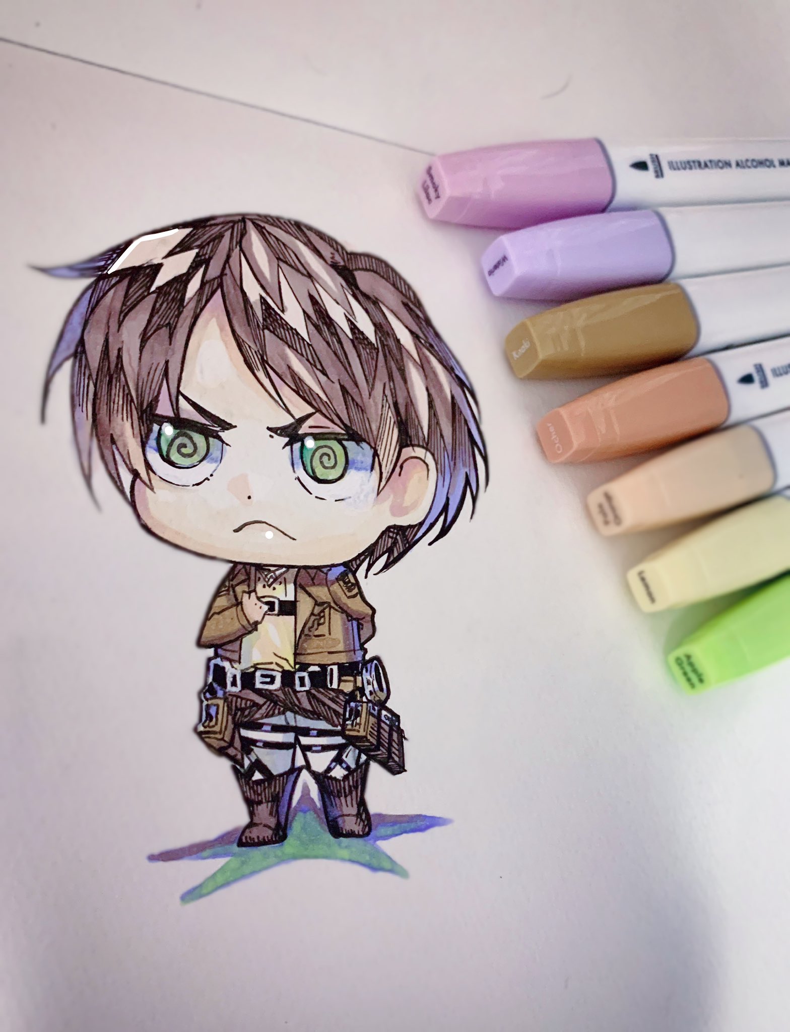 さめ 今日の夜の落書きです エレンを描きました D 制作時間は1時間弱です 使った画材は コピックマルチライナーと百均のイラストマーカーで塗り ました 足りなかった肌の色はコピックを使いました エレンイラスト 落書き 絵描き好きさんと