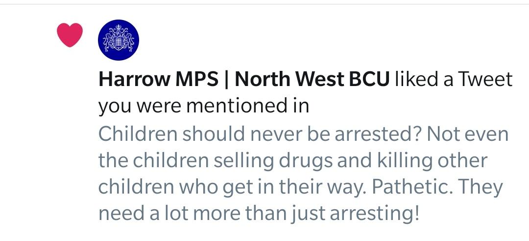 DawnButlerBrent's tweet image. The problem is @MPSHarrow you are arresting children going for a bike ride or going to the shops for a loaf of bread. Not all African-Caribbean boys should be viewed as criminals! I should be surprised the police liked this but sadly I&apos;m not.