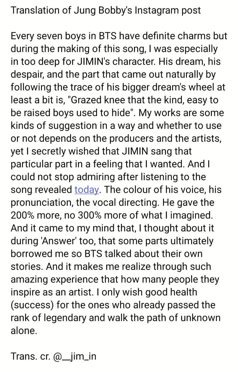 Bobby Chung is a korean songwriter and the mastermind behind Dream Glow’s lyrics. Bobby Chung praised Jimin saying , “he has a vocal color and diction that is unparalleled and simply “beyond imagination”.