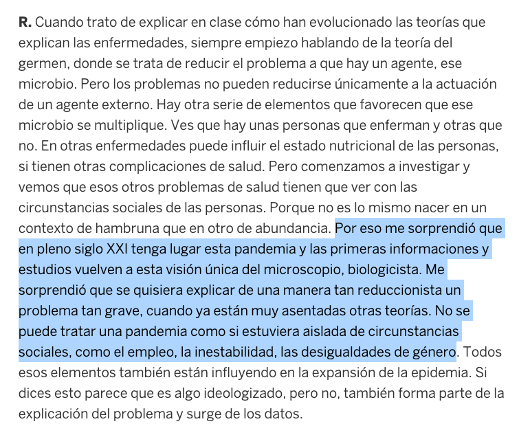 1/ Le pregunté a la epidemióloga  @cvivescases qué le había sorprendido más de la respuesta a la pandemia: que ahora, que sabemos que las enfermedades se nutren de las condiciones sociales, se siguiera pensando solo con el microscopio https://elpais.com/ciencia/2020-08-07/es-importante-evaluar-la-gestion-porque-la-pandemia-no-ha-terminado-estamos-ante-un-futuro-incierto.html