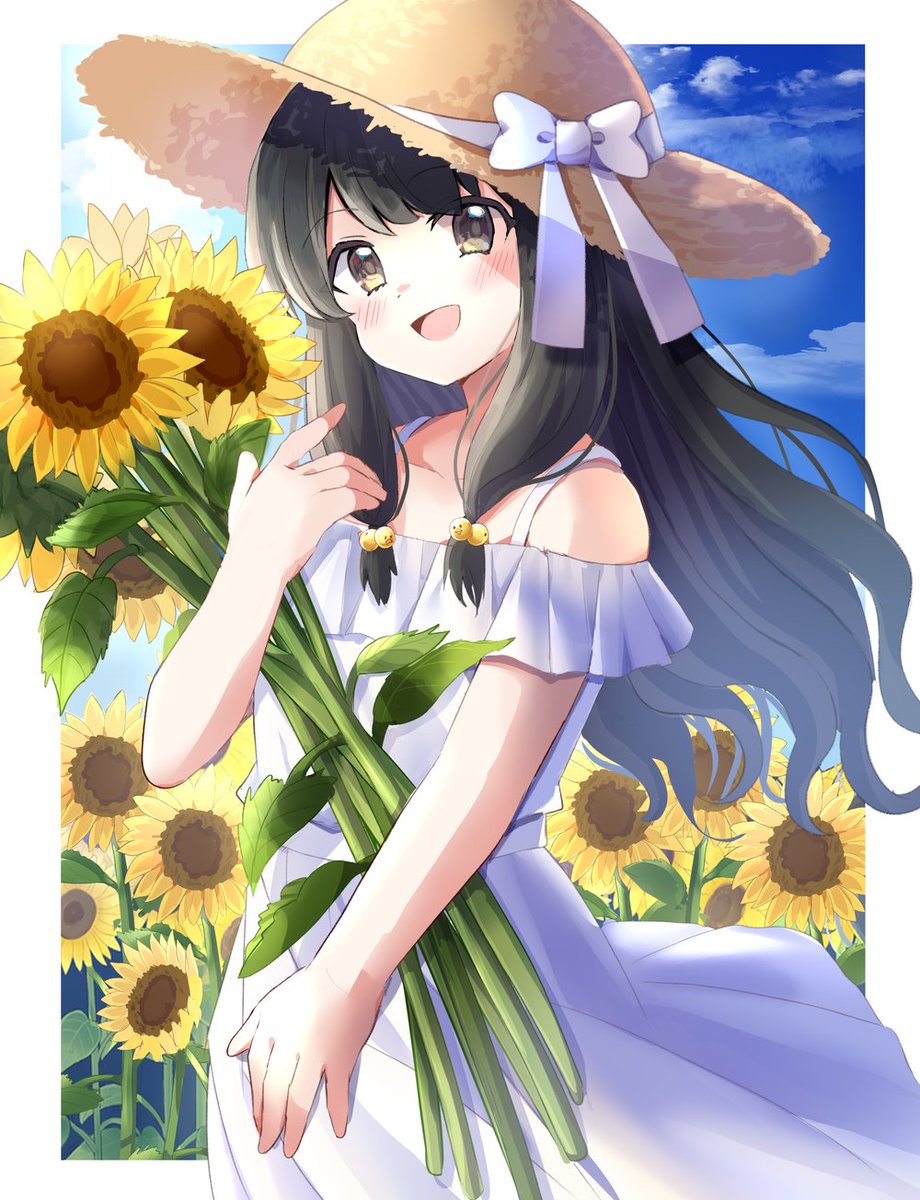 1girl flower hat solo dress sunflower long hair  illustration images