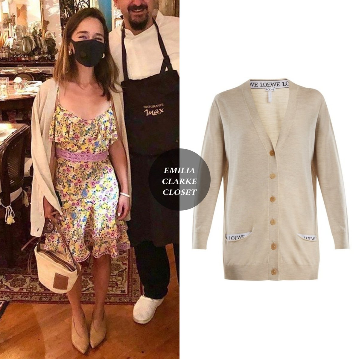 Emilia Clarke Closet On Twitter Emilia Clarke At The Restorante Max In Positano Italy August 2020 She Is Wearing Charoruizibiza Milly Dress 271 Loeweofficial Wool Knit Cardigan 990 Loeweofficial Paula S Ibiza