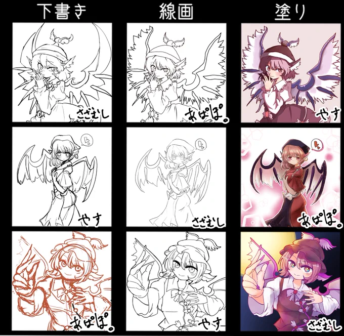 #3人で下書き線画塗りを交換して絵を完成させる
たのしかった～!
構図力のないラフでごめんよ… 