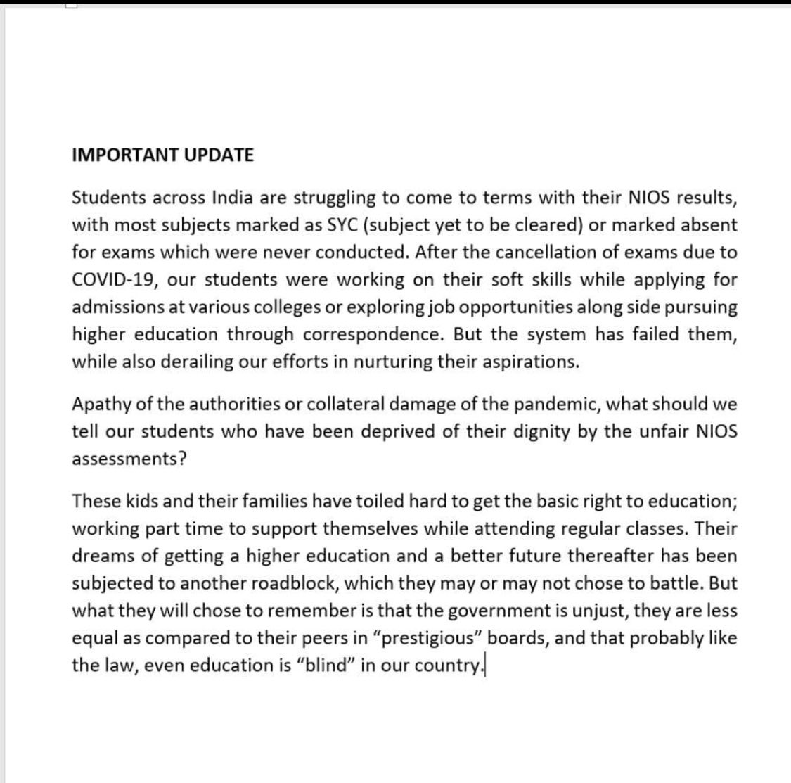 shalini11041971's tweet photo. Request all to read this and share it further (tagging relevant people/authorities) #NeeV- a learning centre #nios_student_lives_matter #NiosStudentsWantsJustice #Righttoeducation #nios https://t.co/qeYvYl0RsK