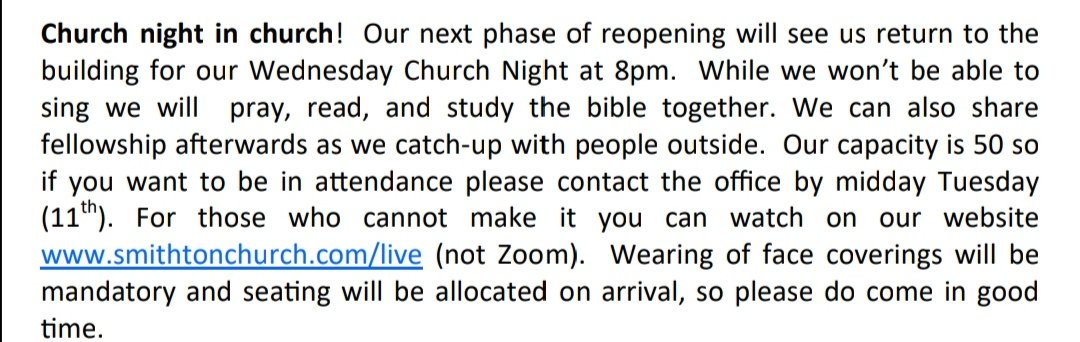 smithtonchurch's tweet image. #reopeningupdate This Wednesday sees "Church night in church' #comejoinus 🙏 More details 👇
