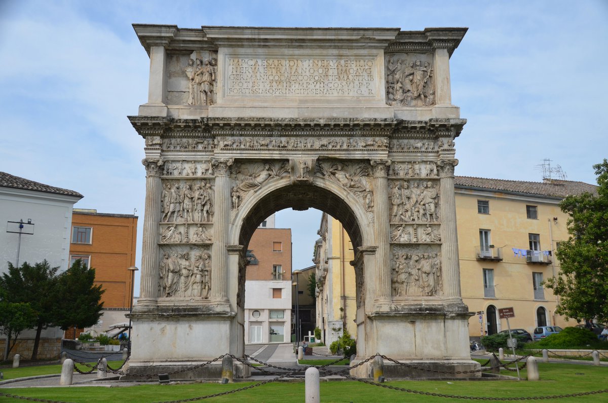 The Arch of Trajan at Benevento (Italy) was set up in AD 114 outside of Beneventum to commemorate the of the new Via Traiana between Rome and Brundisium.Each side of the arch carries relief panels that depict different aspects of the emperor's care for his people and the Empire.
