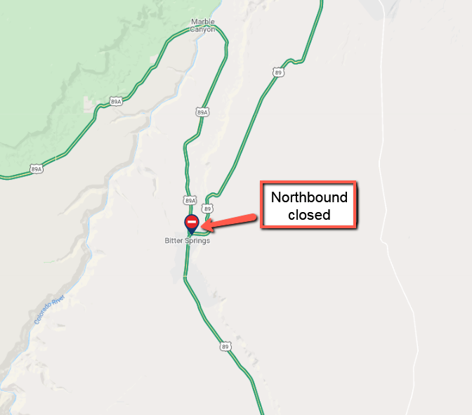 ArizonaDOT's tweet photo. *CLOSURE* *PLEASE SHARE*
US 89A is closed northbound north of Bitter Springs at milepost 524 eu to a vehicle fire.
Expect delays and seek an alternate route.
There is no estimated time to reopen the northbound lanes.
#aztraffic #US89A https://t.co/Zj5gABTc3l