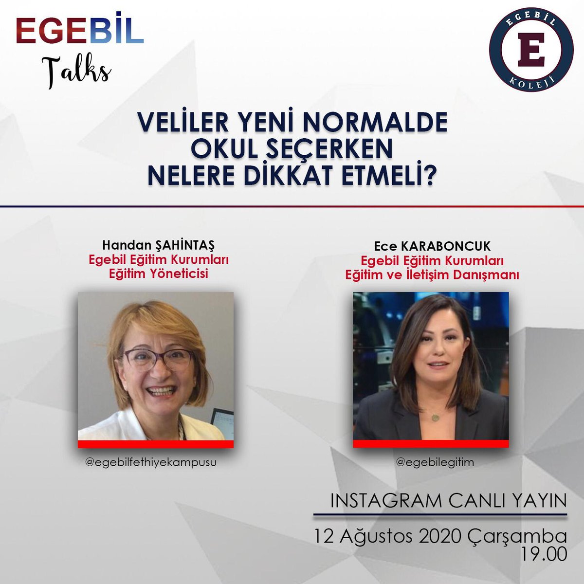 “Veliler yeni normalde okul seçerken nelere dikkat etmeli?” Uzman eğitimciler anlatıyor. 

#EgebilTalks #OkulSecimi #YeniNesilOkul #HibritOkul #Instagram #CanlıYayın #EgebilEgitim #Egebil