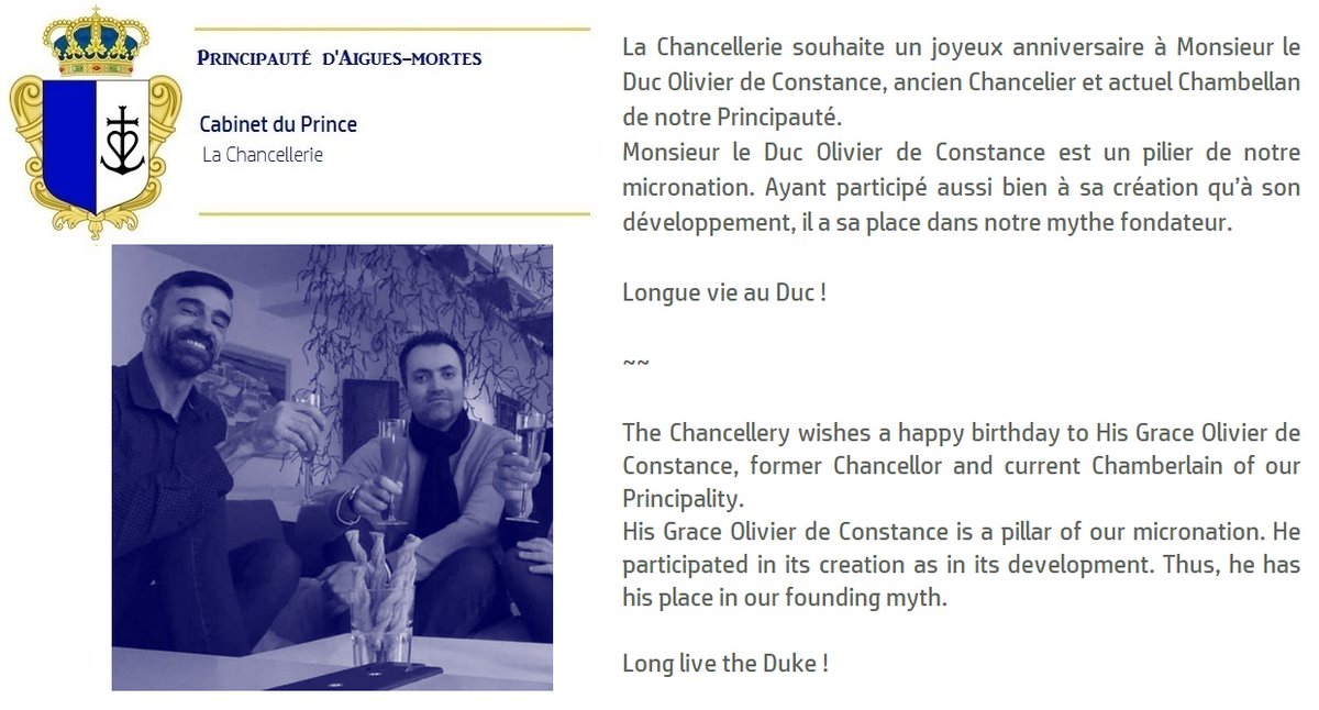 La <a href="/PAiguesMortes/">Pté Aigues-Mortes</a> souhaite un joyeux anniversaire à M. le #Duc Olivier de Constance, Chambellan du #Prince | The <a href="/PAiguesMortes/">Pté Aigues-Mortes</a> wishes a happy birthday to His Grace Olivier de Constance, #Chamberlain of the #Prince ~ #Micronation