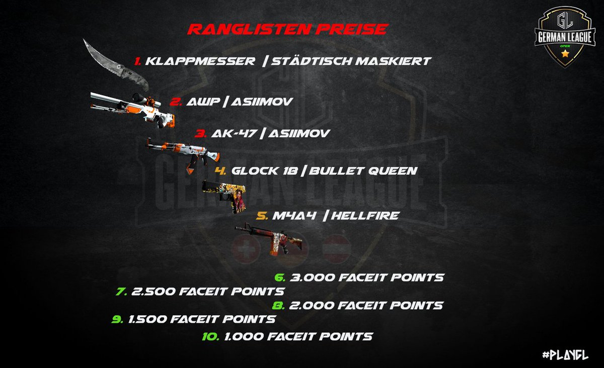 germanleaguecs's tweet photo. Ihr wolltet schon immer ein Knife oder andere Skins?
Dann solltet ihr euch unbedingt in der German League Anmelden und grinden ! Platz 1-5 Werden ordentlich Belohnt dafür 😋 #CSGO #Skins #Preise #playGL https://t.co/TtwWRzbLsV