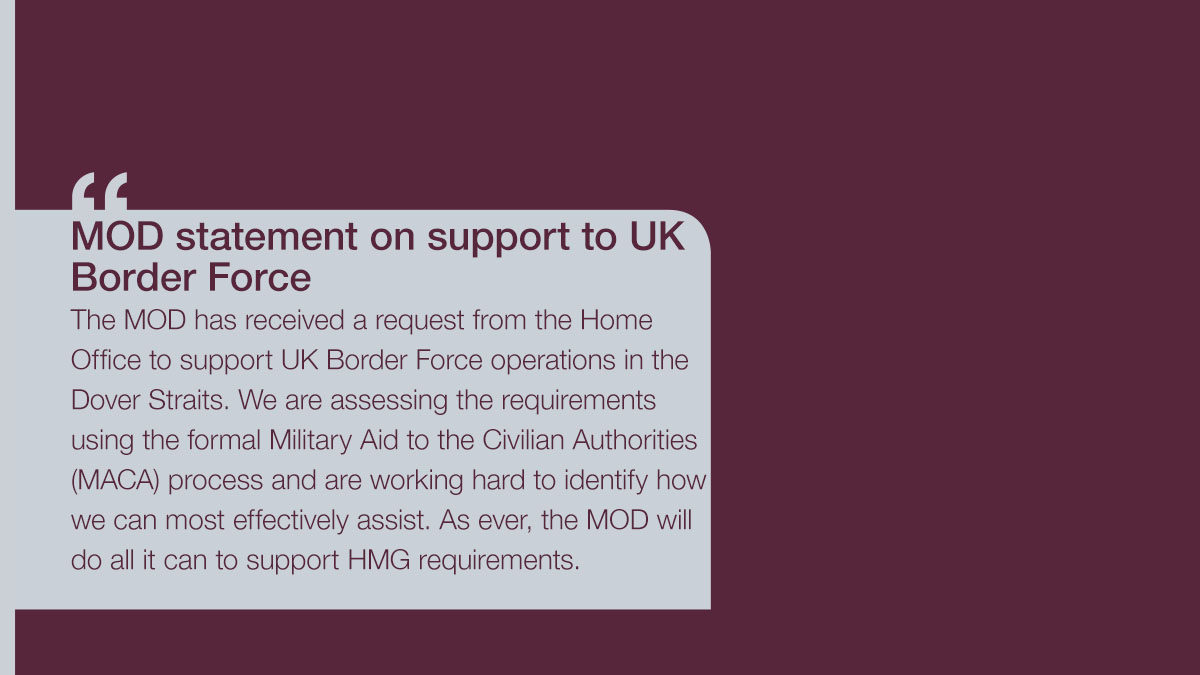 DefenceHQ's tweet photo. MOD has received a formal request from the @ukhomeoffice to support UK Border Force in the Dover Straits. Read the full statement here: https://t.co/3UkTYpAzZK