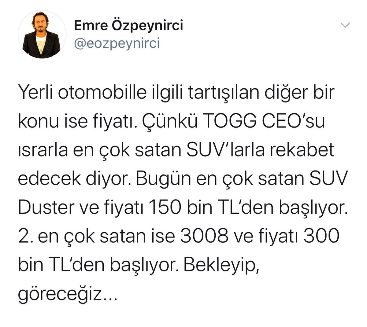 Karın ağrısı insanı bu denli saçmalamaya kadar götürüyor demek ki, Gürcan Karakaş benim soruma, TOGG kendi segmentinde en çok satan SUV'larla benzer fiyatta olacak dedi. Duster'ı TOGG ile aynı ayarda gören bir otomotiv gazetecisi olsa olsa bizde olur. #TOGG <a href="/TOGG2022/">Togg</a> <a href="/hakanozenen/">Hakan Özenen</a>