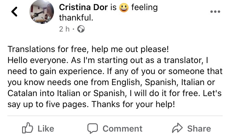 katielockett's tweet photo. My friend and colleague is starting a new business as a translator and to kick start her business she’s offering to do some translation for free. Do you need anything translated from English/Spanish/Italian/Catalan into Spanish or Italian? If so, get in touch with Cristina 👇 https://t.co/qcmj5ZHtLX