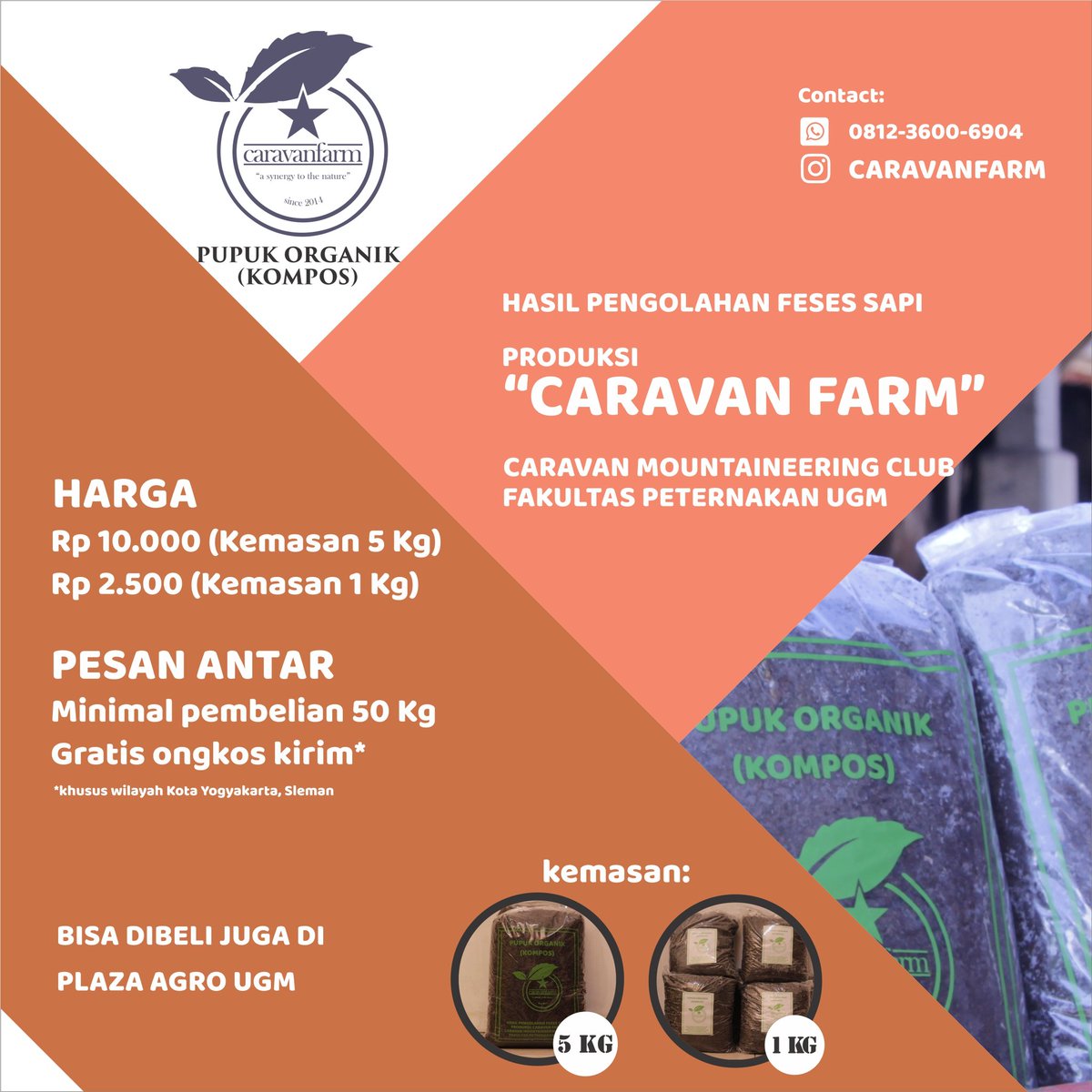 Caravan_UGM's tweet photo. Kompos "caravanfarm" hadir untuk kalian.
Contact ke 081256828524 utk pemesanan atau langsung ke sekretariat Mapala Caravan UGM
"caravanfarm" juga sudah bisa didapat di Plaza Agro UGM lho
Harga Rp 10.000(kemasan 5kg), Rp 2.500(kemasan 1kg) 
"caravanfarm a synergy to the nature" https://t.co/tMhRTIe1VE