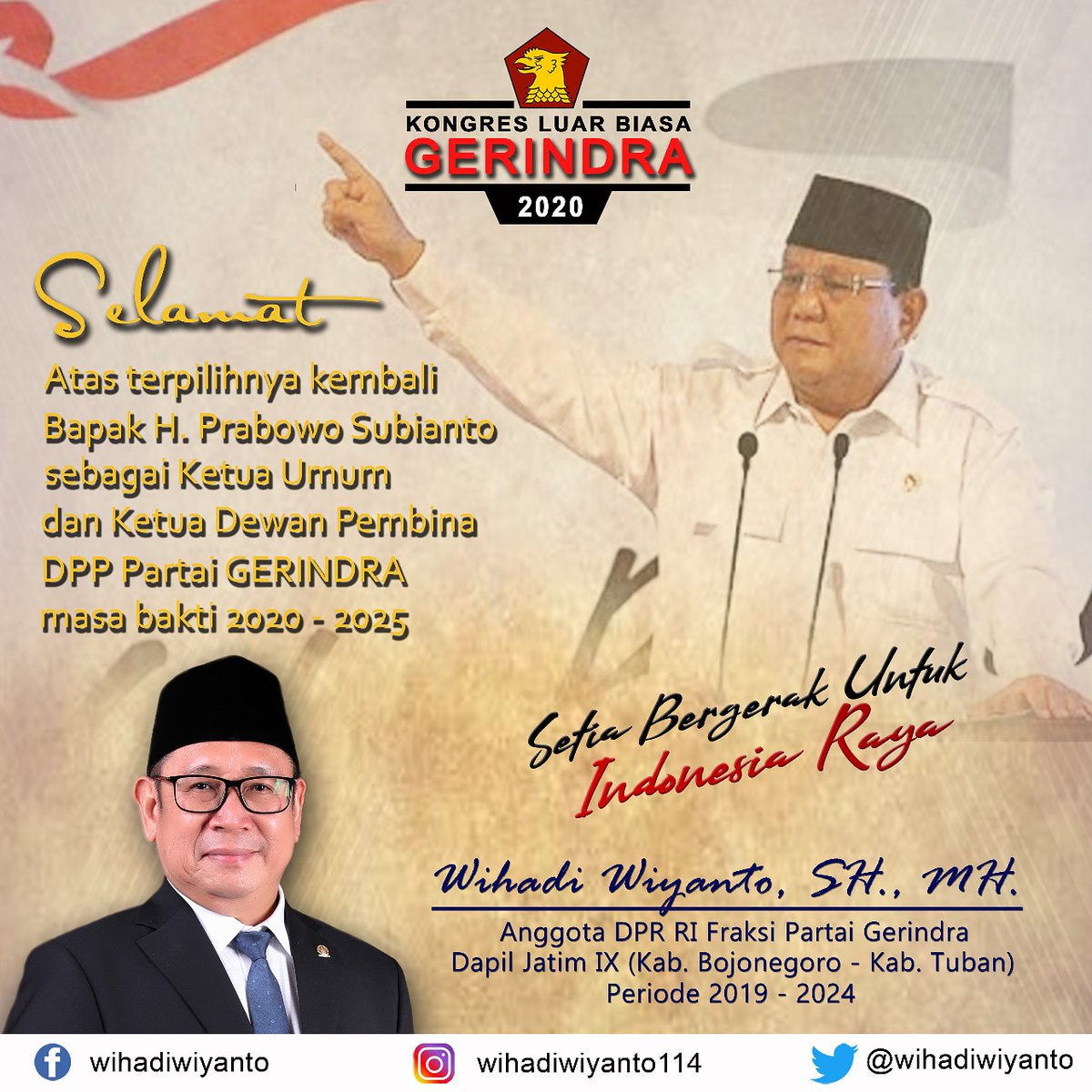 Selamat atas terpilihnya kembali bapak H. Prabowo Subianto sebagai Ketua Umum  dan Ketua Dewan Pembina Dewan Pimpinan Pusat (DPP) Partai Gerindra periode 2020 - 2025.
<a href="/Gerindra/">Partai Gerindra</a> <a href="/Fraksi_Gerindra/">Fraksi Gerindra DPR/MPR RI</a> <a href="/prabowo/">Prabowo Subianto</a>