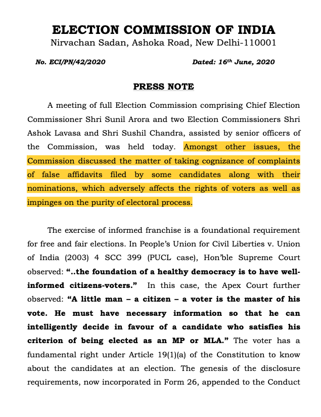Earlier, complainants had to go to court for complaints about candidates falsifying affidavits under section 125A of the Representation of People Act, 1951.On 16th June, with a press note, the ECI said it had changed its policy & will now take cognizance itself.(2/5)