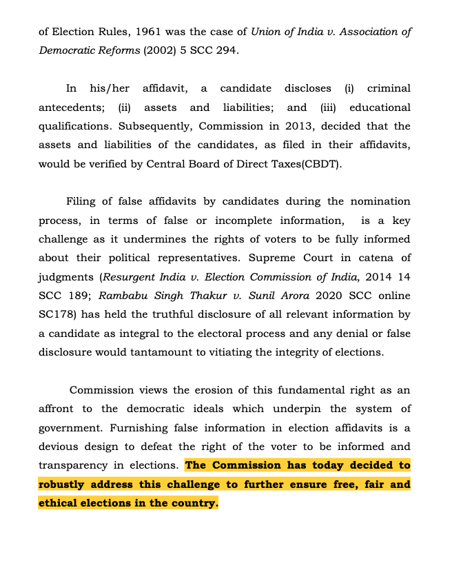 Earlier, complainants had to go to court for complaints about candidates falsifying affidavits under section 125A of the Representation of People Act, 1951.On 16th June, with a press note, the ECI said it had changed its policy & will now take cognizance itself.(2/5)