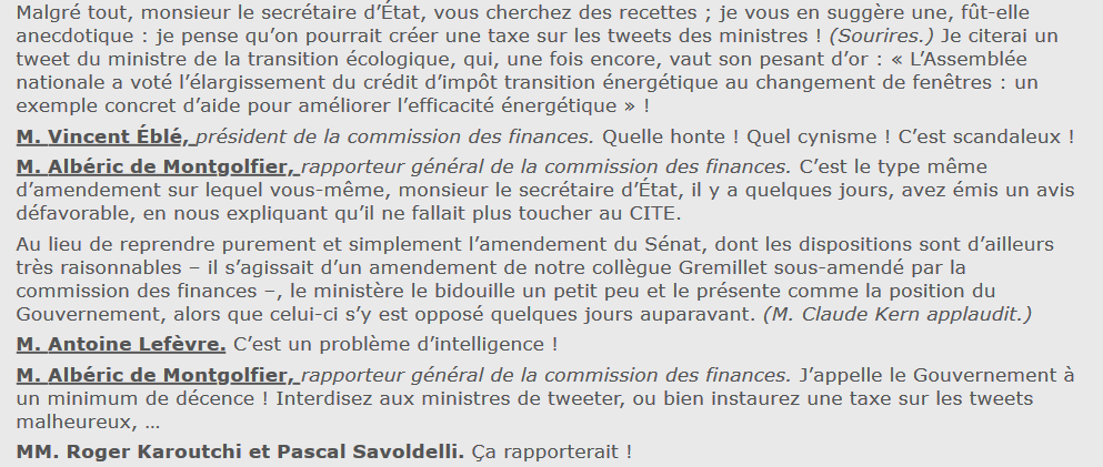 Pyb75's tweet photo. Lors du #PLF2019, le sénateur @aldemontgolfier suggère au secrétaire d’État @olivierdussopt une taxe sur les tweets des ministres 😀 https://t.co/7us0jfN0vN #1Jour1Taxe https://t.co/uUBX0oxzhe
