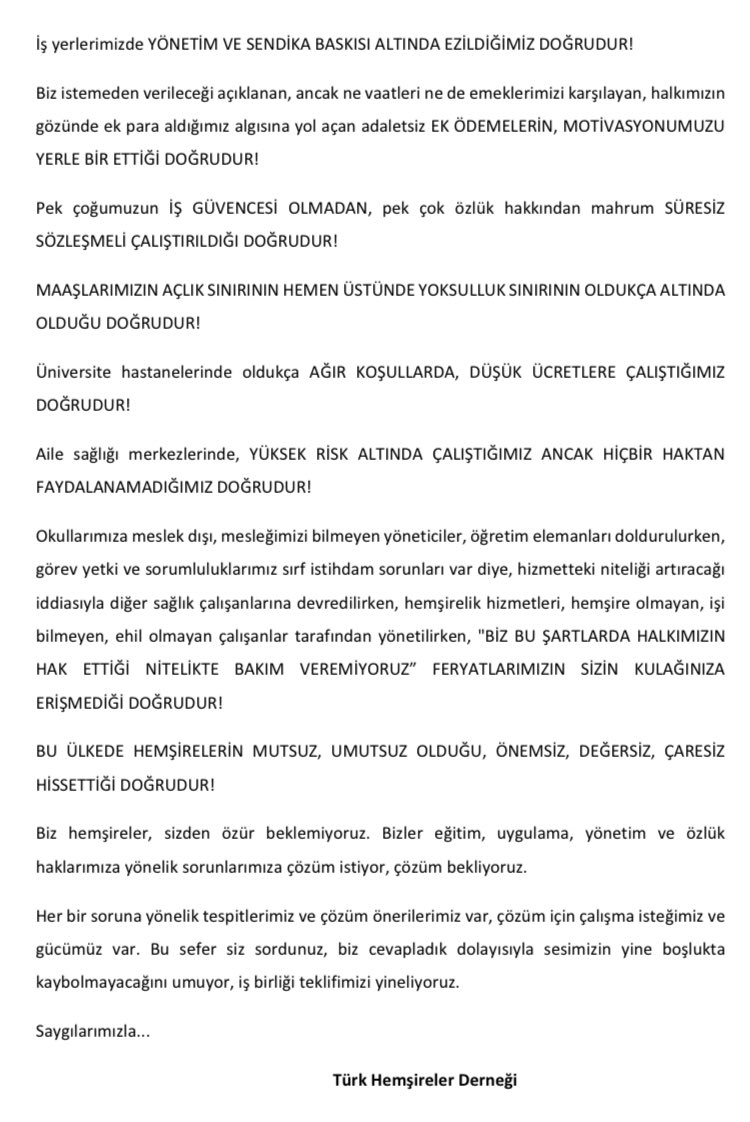 Türk Hemşireler Derneğinin Açıklaması.
#DoğruSayınBakanım <a href="/thd_genelmerkez/">Türk Hemşireler Derneği</a>