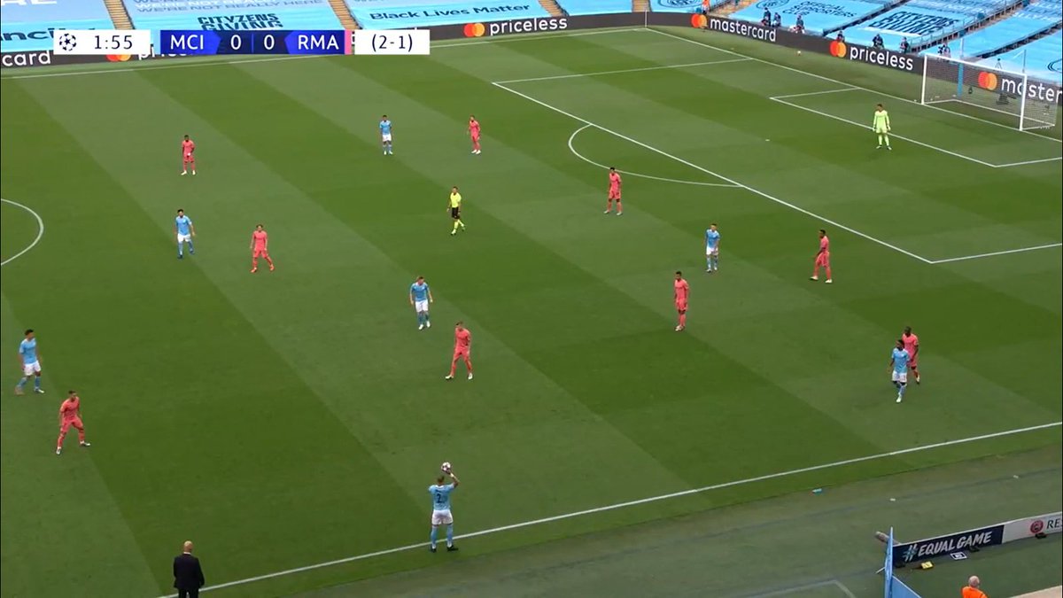 Résultat : le Real met 1 minute et 42 secondes avant de dépasser son premier tiers. À l'issue de ce temps et d'une succession de passes courtes : une touche haute pour Manchester City.