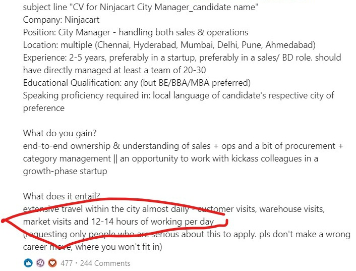 bikaspatra89's tweet photo. @ninjacart saw this post related to a job on #Linkedin this person clearly mentioned 12-14 hours of working per day. Now he edited that line and removed it from the post. I don't know what kind of work culture company is having and #WorkLifeBalance. https://t.co/IGZ3y5A2sI