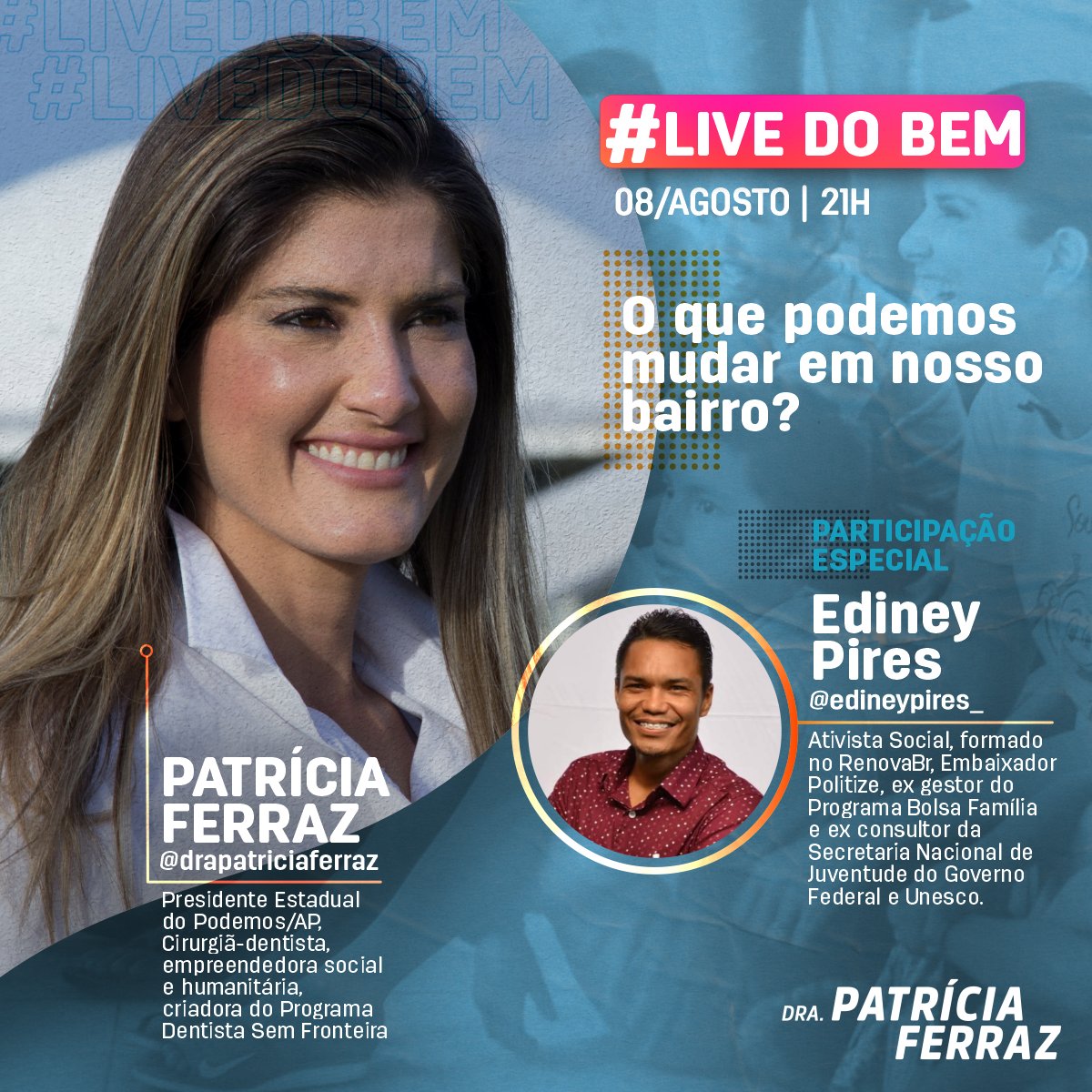 PatriciaLFerraz's tweet photo. #LIVEDOBEM
.
Ediney Pires estará em nossa #livesdobem de hoje. É lindo de se ver jovens engajados na política e em ações sociais visando o bem coletivo. Nossa live começa às 🕐 21h00. Acompanhe!
.
.
.
📲 Facebook e Instagram
.
.
.
.
.
.
#livedobem
#juntospodemos https://t.co/jb37MG2hnH