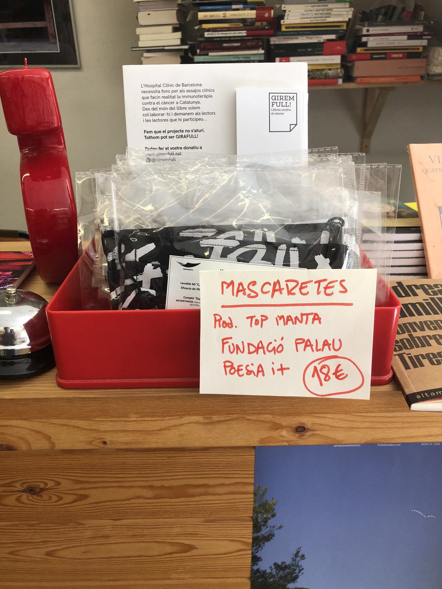 escoffet's tweet photo. matí de dissabte a @LaCalders... a banda de mandanga de la bona per llegir durant l’agost, tenen mascaretes del #PoesiaiMés2020, ideades per @frederic_amat i produïdes per @sindicatomanter. #supportyourlocaldealers @FundacioPalau https://t.co/jqIyY6Qznf