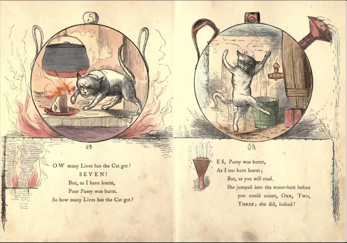 1860年「The Nine Lives of a Cat」
チャールズ・H・ベネット1829-1867
ネコには九つの命があるけど作者は早世されたよう。
ちょっと徳南晴一郎っぽい怖さのある絵。
#世界猫の日 #WorldCatDay 