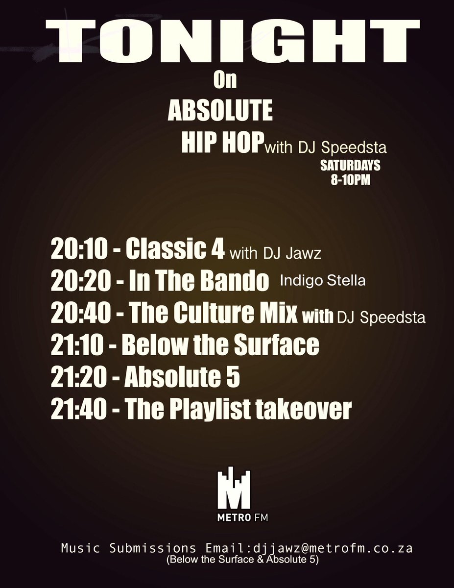 speedstabro's tweet image. 20:00-22:00 on @METROFMSA tonight !!! 💯💐🔥 #AbsoluteHipHop