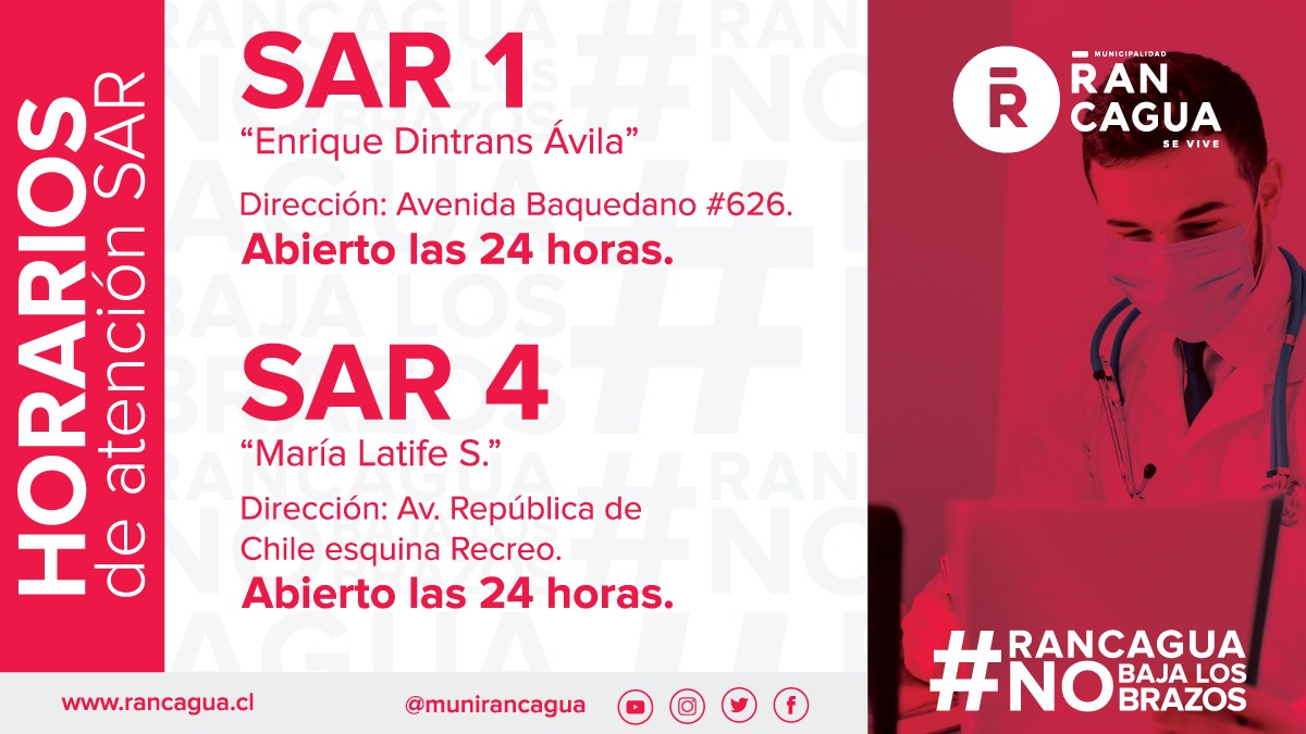 ⏰Horarios SAPU y SAR SÁBADO #RANCAGUA
➡️ Servicios de salud de urgencia primaria atienden durante todo el fin de semana. #RancaguaNoBajaLosBrazos 💪