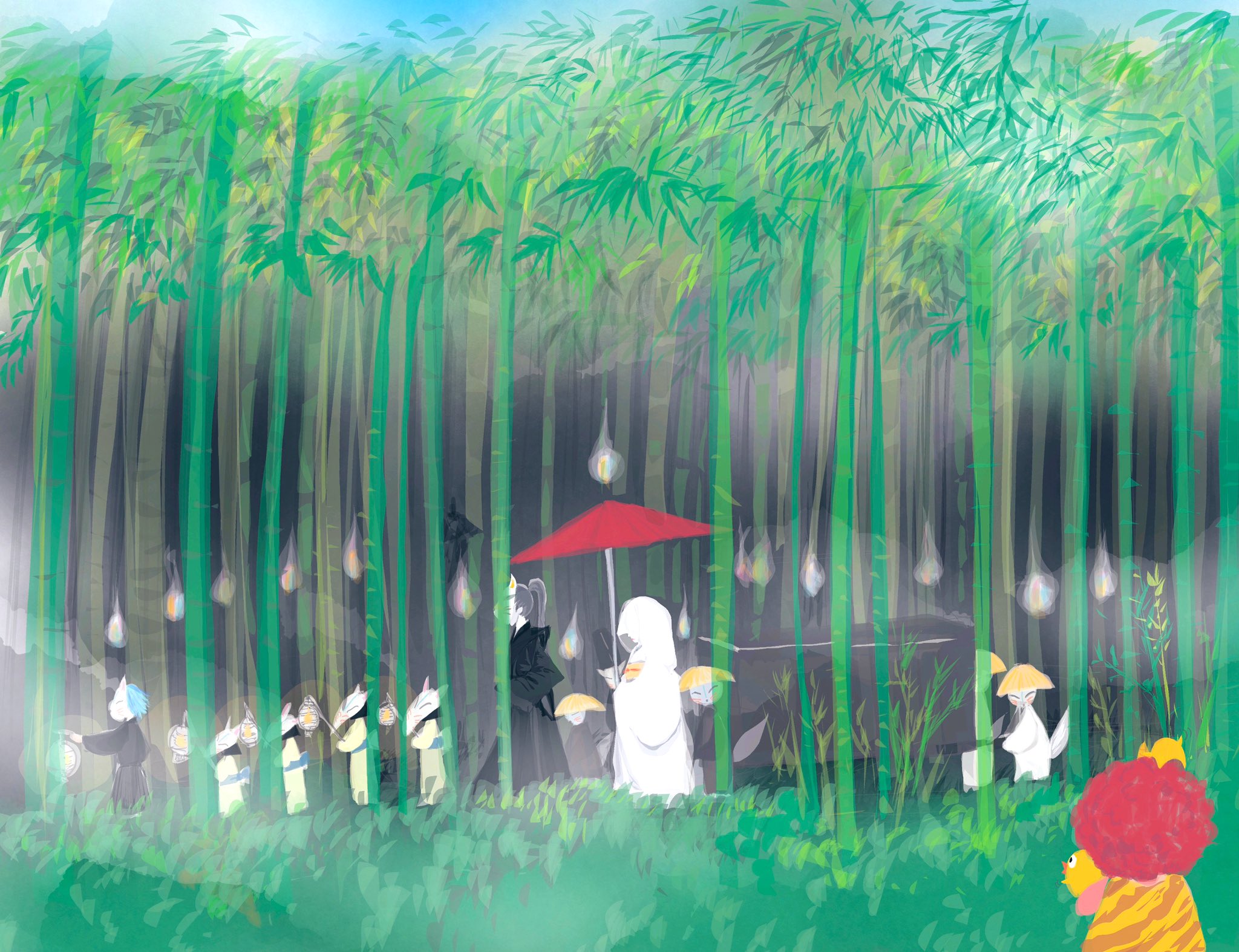りん 田舎暮らしのイラストレーター 狐の嫁入り わぁ 綺麗なお嫁さんだねぇ イラスト Illustration 365日どこかにかわいいのがいる 一日一絵 狐 狐の嫁入り 妖怪 小鬼くん 黄色いことり 竹林 葉月 幸せを感じられる心 T Co D5jtxhwy4c