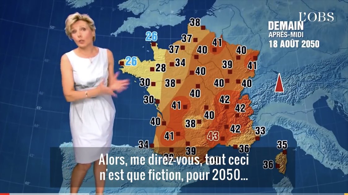 lheritierkevin's tweet photo. A gauche : Évelyne Dhéliat avait enregistré en 2014 une météo pour présenter les prévisions pour 2050.

A droite : la météo du 08 août 2020.

Des prévisions déjà d'actualité...#canicule2020 #canicule https://t.co/5x3RTFJb6l
