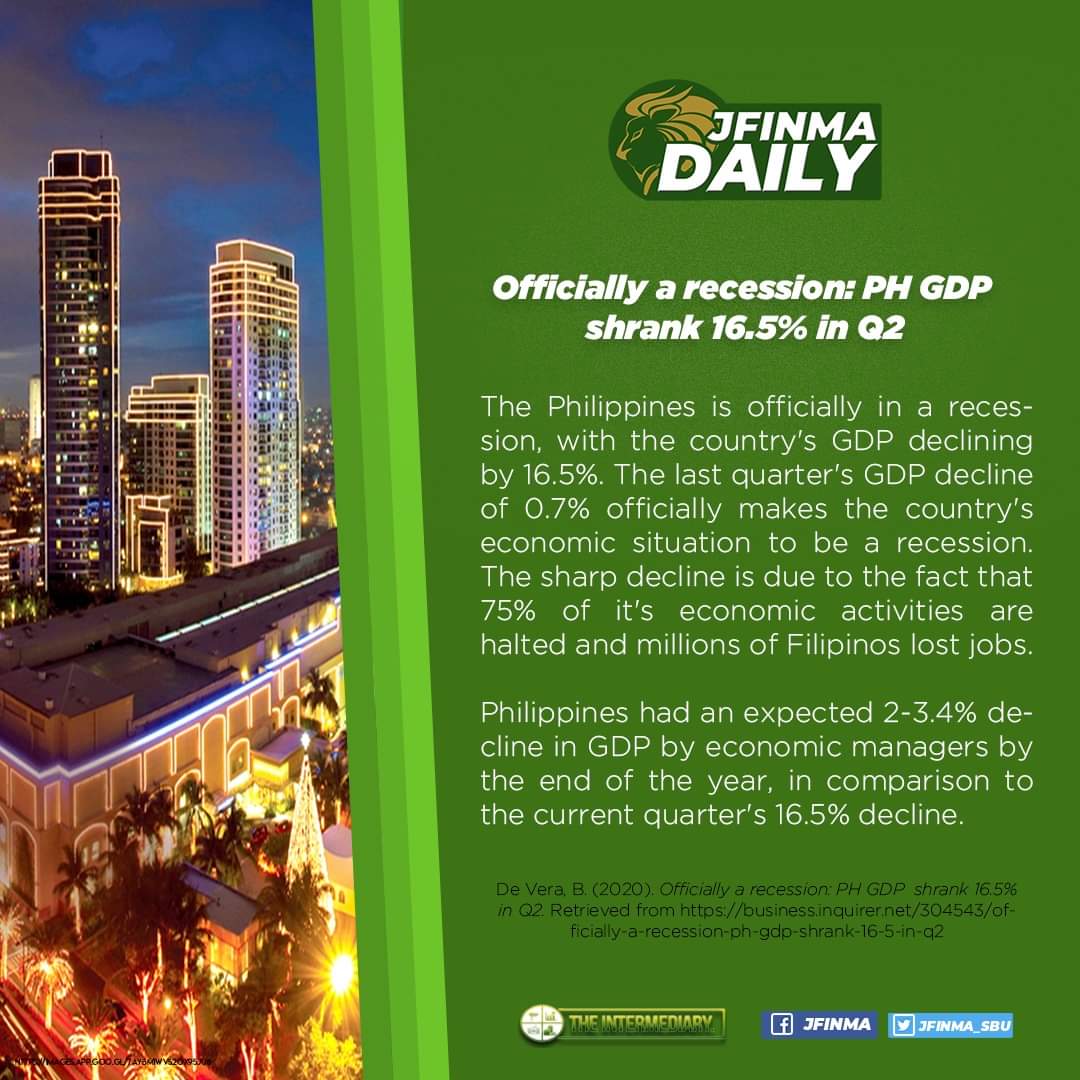 TheIntermedSBU's tweet photo. Officially a recession: PH GDP shrank 16.5% in Q2 by Ben de Vera of Philippine Daily Inquirer

📝 L. Nicolas, 🖼 Noble

#JFINMAdaily https://t.co/27oulTnV07
