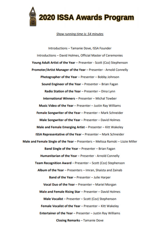 ISSAsongwriters's tweet photo. Attached is a printable version of our 2020 ISSA Awards Program, so that you can follow along. The show is 54 minutes long. Let's have some fun next Saturday! #2020ISSAs #OneWeek #StayingSafe #PrintThis #HaveFun https://t.co/VyWxUKetc0