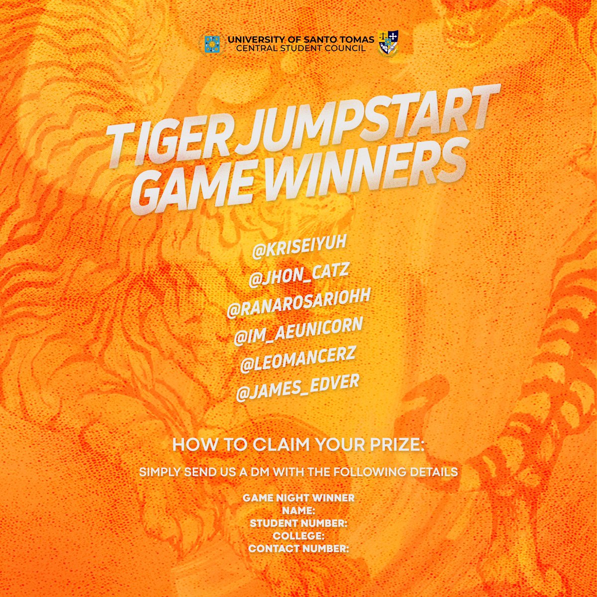 ust_csc's tweet photo. Here are our winners for the #CSCTigerJumpStart2020 game night! You stood out by being the wittiest of them all.
Check out the poster below on how you can claim your prize.
Congratulations, Thomasians! https://t.co/eYYCho6K1B