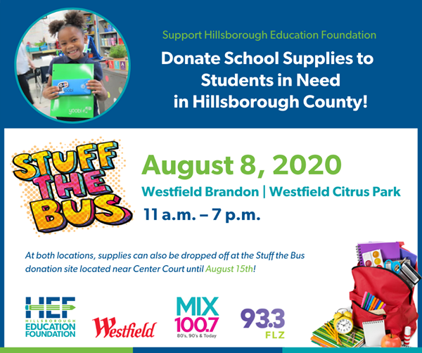 Hillsborough Education Foundation (@hillsedufnd) on Twitter photo Join us TODAY for the Stuff the Bus School Supply Drive @WestfieldBN (near Sears) & @WestfieldCPK (near Red Robin) from 11 AM-7 PM w/ <a href="/tampabaysmix/">Mix 100.7</a> <a href="/933FLZ/">93.3 FLZ ☀️ 🌴 🎶</a> <a href="/US1035/">US103.5</a>!✂️✏️🖍 Take advantage of the TAX-FREE HOLIDAY & pick up extra school supplies for students in need <a href="/HillsboroughSch/">Hillsborough Schools</a>! Join us TODAY for the Stuff the Bus School Supply Drive @WestfieldBN (near Sears) & @WestfieldCPK (near Red Robin) from 11 AM-7 PM w/ <a href="/tampabaysmix/">Mix 100.7</a> <a href="/933FLZ/">93.3 FLZ ☀️ 🌴 🎶</a> <a href="/US1035/">US103.5</a>!✂️✏️🖍 Take advantage of the TAX-FREE HOLIDAY & pick up extra school supplies for students in need <a href="/HillsboroughSch/">Hillsborough Schools</a>!