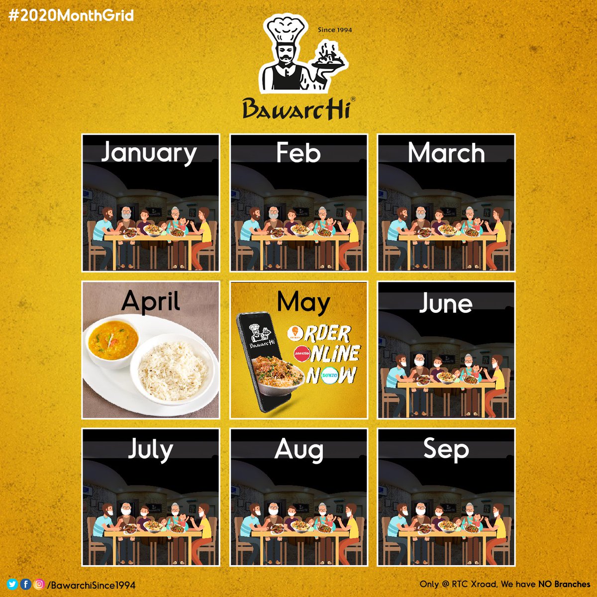 BawarchiSince94's tweet image. #MonthGrid

Month Grid of Asli Biryani lovers be like this.

Delivery : Swiggy, Zomato, Dunzo
Stay Home, Stay Safe!
Note: We have NO Branches | Beware of Fake Bawarchi!
Location: RTC X Road

Marketed By - Pixelar Media