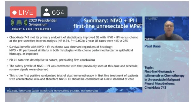 DevikaDasMD's tweet photo. Interim analysis of Checkmate 743 presented at #IASLC20 #vPS20 #lcsm #mesothelioma 🚨 https://t.co/vq9PWjOYmN