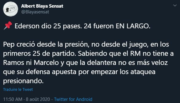 Ce qui était pour moi hier une clef du match, Guardiola en a effectivement tiré profit. 24 des 25 passes d'Ederson ont été longues, dans le but de permettre le pressing aux attaquants et de récupérer haut, comme sur les deux buts citizens. (mrc  @Elias_B09)  https://twitter.com/Enki18_/status/1291799756612796419
