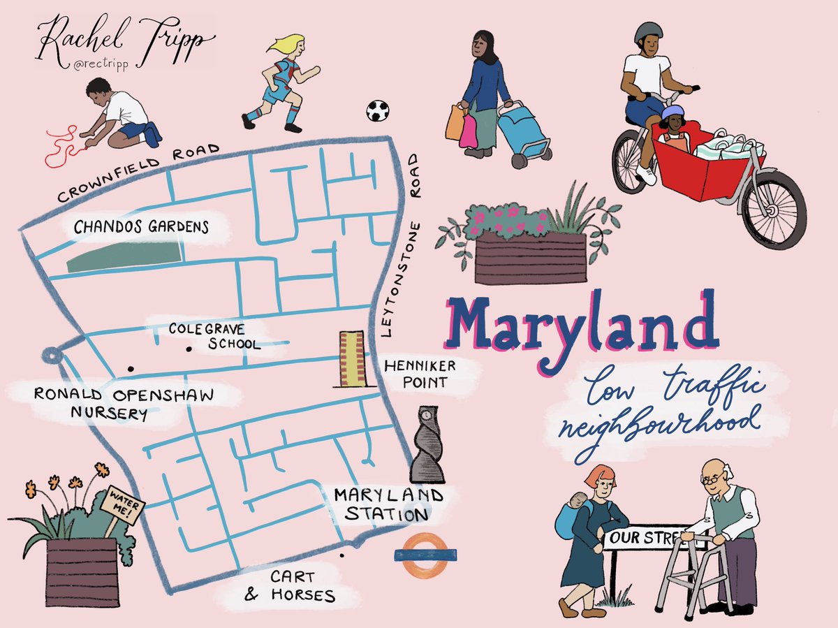 Avoiding public transport? A new  #LowTrafficNeighbourhood is on its way to help more people feel safe walking, cycling, scooting or wheeling in Forest Gate, Maryland and South Leytonstone. LTNs are being introduced across London as part of COVID-19 measures. Drawings by  @rectripp