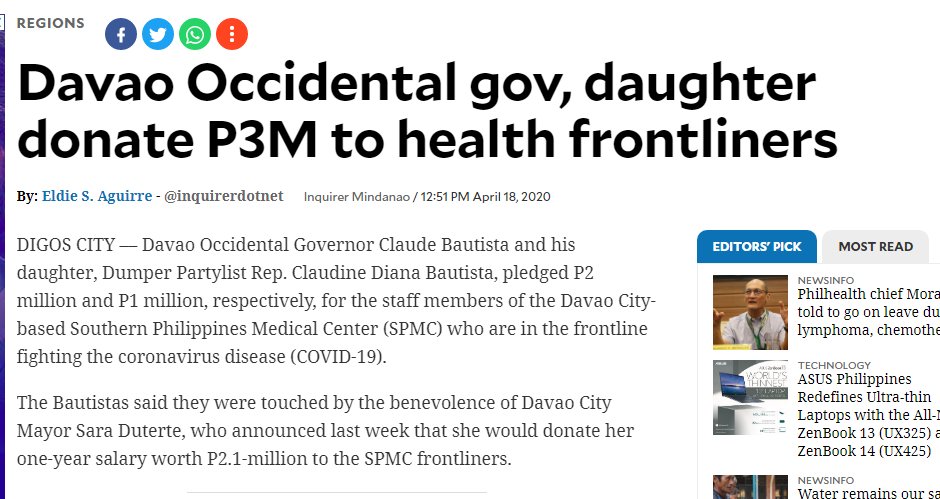 Since her royal household has huge coffers, she and her old man donated 3M for medical frontliners. She really has a of .  https://newsinfo.inquirer.net/1260739/davao-occidental-gov-daughter-donate-p3m-to-health-frontliners