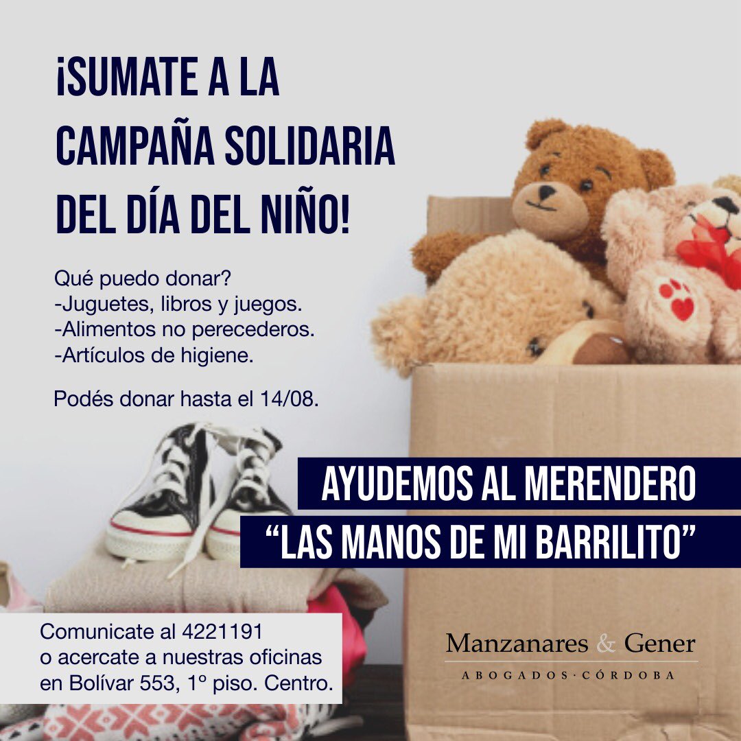 Súmate a la Campaña Solidaria Día del Niño!

Todo lo recaudado será donado al Merendero “Las manos de mí Barrilito', ubicado en el IPV de Argüello.

🗓Doná hasta el 14 de agosto.

#TripleImpacto #DiaDelNiño