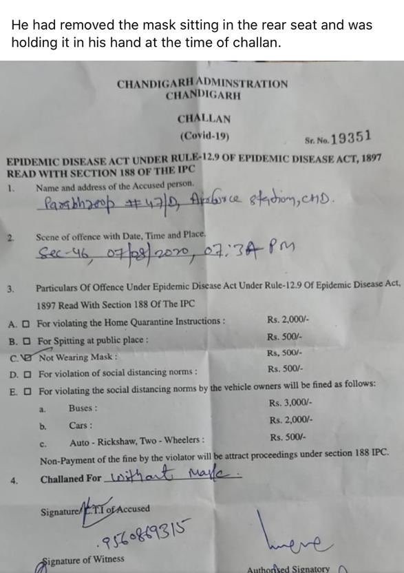  #Autism &  #WearAMask thread An autistic boy challaned by  @trafficchd police in CHD for not wearing a mask while sitting INSIDE the car with glasses rolled up & in spite of explaining his autism. He had removed the mask sitting in the rear seat & was holding it in his hand 1/n