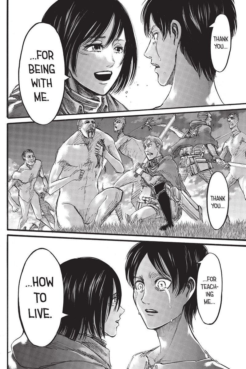 this moment is really a highlighted moment of eremika. mikasa was so sincere and i was surprised she was able to tell eren this speech. this is much much better than a plain declaration that she loves him. this describes their relationship so well.